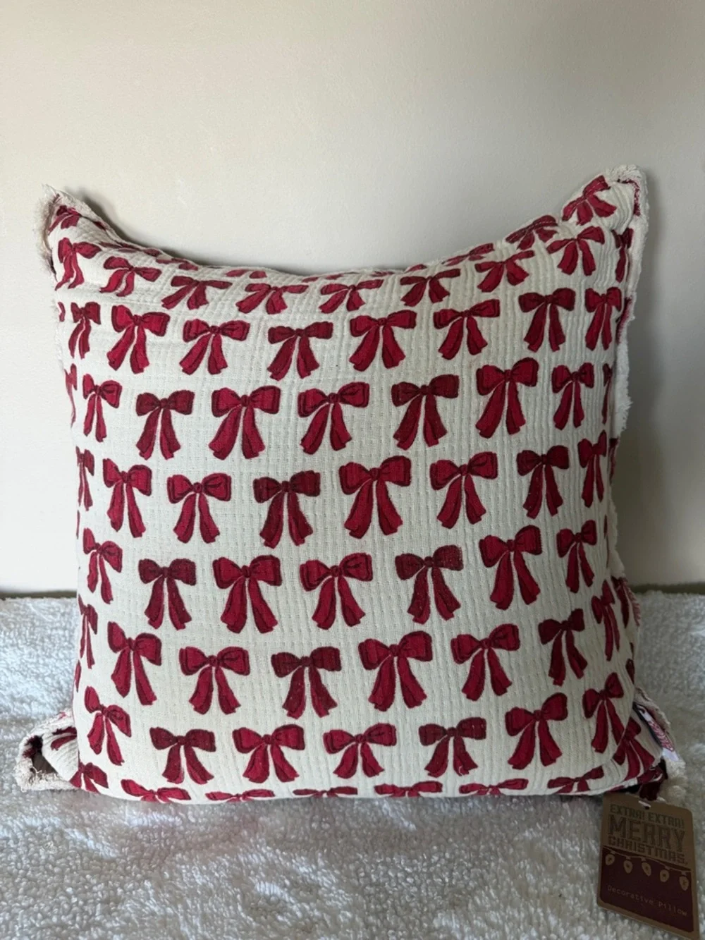 Holiday Christmas Red Bow Pillow Fringe Ivory NEW!